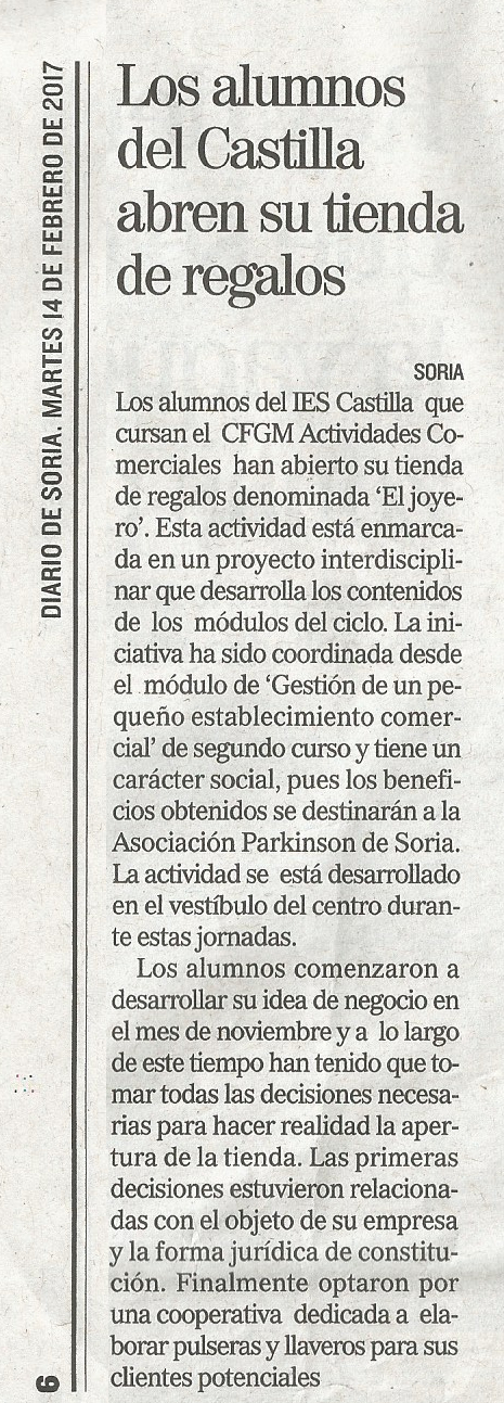 Reseña en Diario de Soria sobre la actividad de venta de artesanía