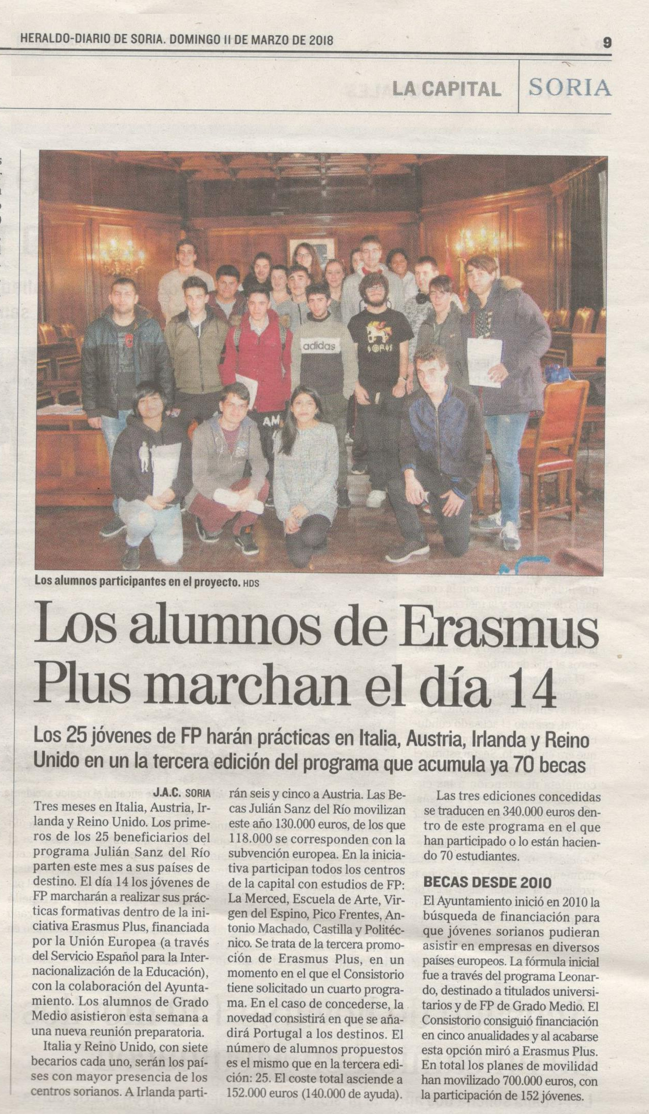 2018-03-11 Se Marchan Erasmus+. Articulo Heraldo de Soria