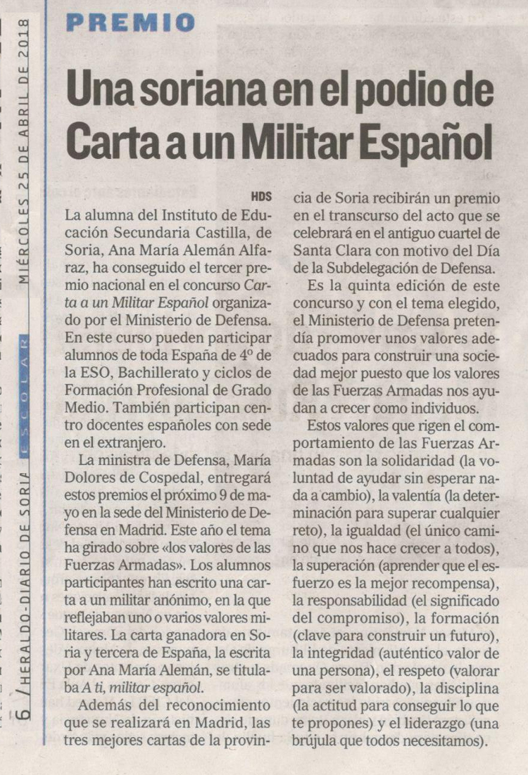 2018-04-25 Heraldo Escolar podio en el concurso Carta a un militar español
