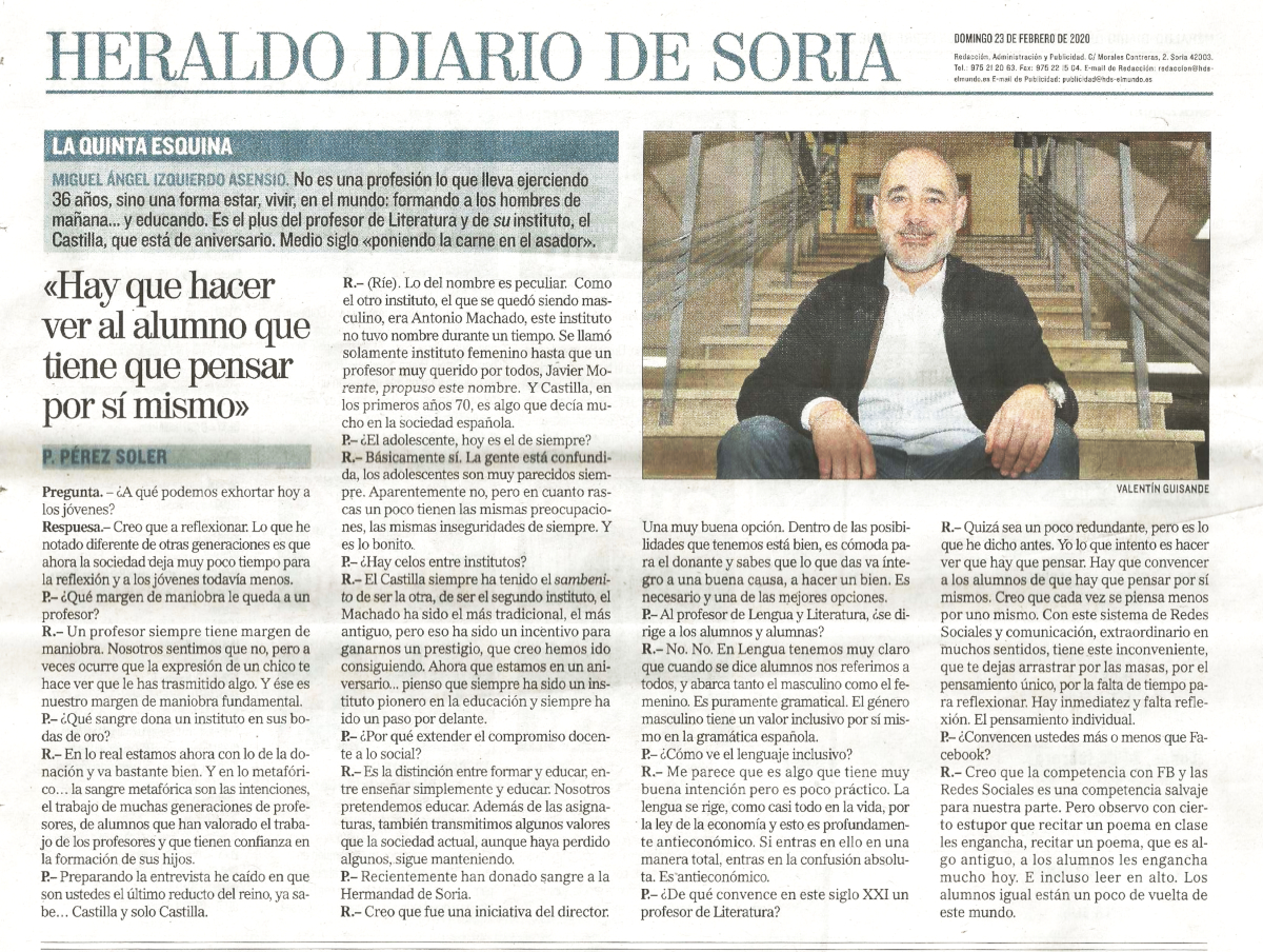 2020-02-23 Contraportada Heraldo-Diario de Soria entrevista a Miguel Angel